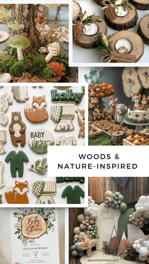 A collage of pictures with the baby shower theme "Woods & Nature-Inspired" 2024 Baby Shower Themes, Spring Baby Boy Shower Ideas, National Parks Baby Shower Theme, May Baby Shower Themes, Wilderness Baby Shower Ideas, Cottagecore Baby Shower Ideas, Nature Baby Shower Theme, Baby Shower Forest Theme, Forest Themed Baby Shower Ideas