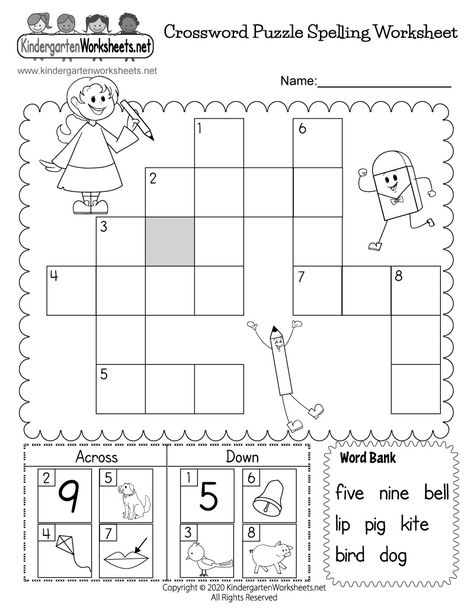 Kids can practice spelling three- and four-letter words while solving a fun crossword puzzle using picture clues. Kindergarten Crossword Puzzles, Spelling Worksheets Kindergarten, Kindergarten Spelling, Kindergarten Vocabulary, Word Puzzles For Kids, Punctuation Worksheets, Letter Recognition Worksheets, Basic Sight Words, Phonics Worksheets Free