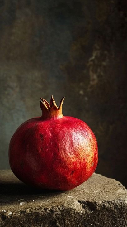 A single ripe pomegranate fruit sitting on a stone surface against a textured dark background. Still Life Sketch, Life Sketch, Still Life Fruit, Fruit Photography, Still Life Photos, Fruit Painting, Still Life Art, Fruit Art, Caravaggio