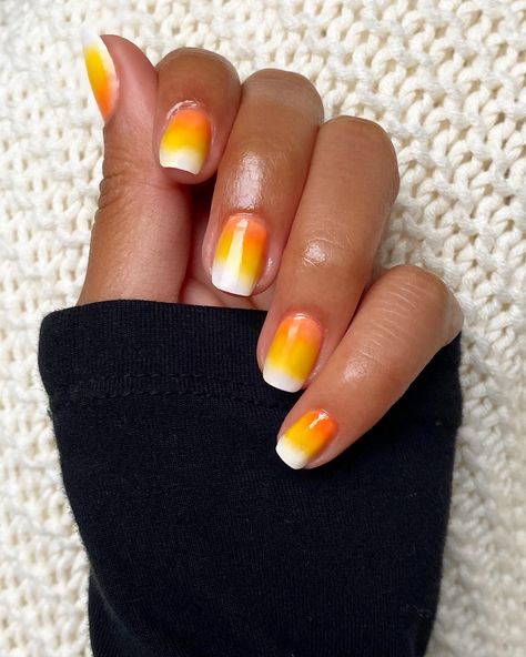 Janet & Jo. ® | Happy National Candy Corn Day!🎃 Share this post on your story if you’re team candy corn!🍬✨ • Shades: Happy, Paper Plate, and The Phoenix… | Instagram Nail Ideas For Couples, Corn Nails, Candy Corn Nails, Nail Pops, Short Square Nails, Seasonal Nails, Round Nails, Dip Powder Nails, Halloween Nail Art