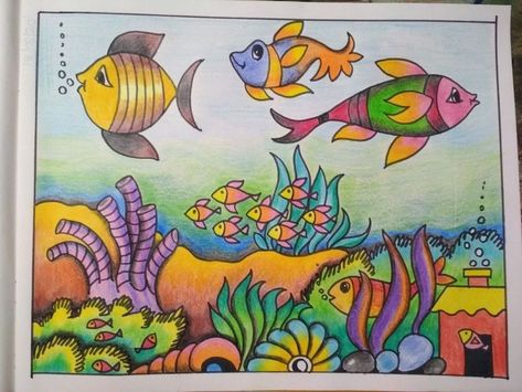 Sea Scenery Drawing, Life Under Water Drawing, Underwater Scenery Drawing, Fish Tank Drawing, Life Under Water, Intermediate Drawing, Aquarium Drawing, Under The Sea Drawings, Master Stock