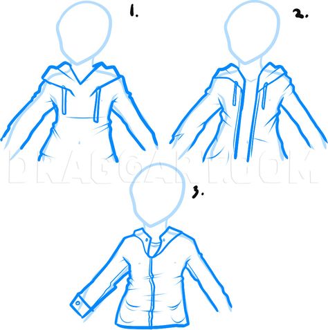 How To Draw A Hoodie, Draw Hoodies, Step by Step, Drawing Guide, by Dawn | dragoart.com Draw A Hoodie, How To Draw Hoodies, Hoodie Drawing, Drawing Anime Clothes, Guided Drawing, Body Drawing, Anime Hoodie, Anime Drawings Tutorials, Drawing Clothes