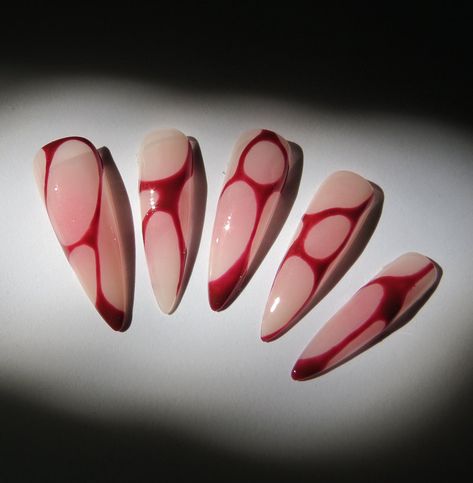 This is an elegant nail design with natural base, red blushing in the center, and burgundy abstract lines on top.  It's 100% handmade! The design might be slightly different due to the shapes. I'll manage to make them all look gorgeous.   The package includes: - The nail set with 10 pieces. (Maximum 2 simple design spare nail tips to replace, if there are 3d or anime art) - Prep kit: mini file, buffer, glue, adhesive tabs, wooden stick, alcohol pad. - Instructions. Due to the sanitary reason, unfortunately, I cannot offer returns or exchanges . Order Cancellation: - All orders are made to order and tailored to your specifications. You have a 6-hour window from the time of order placement to cancel your order. After this period, orders cannot be canceled as I begin crafting your unique nail Two Color Nails Ideas Simple, Halloween Blood Nail Art, Gothic Nail Inspiration, Neutral Red Nails, Simple Gothic Nail Designs, Red Rum Nails, Vampire Blood Nails, Autumn Nails Easy, Black Nails Red French Tip