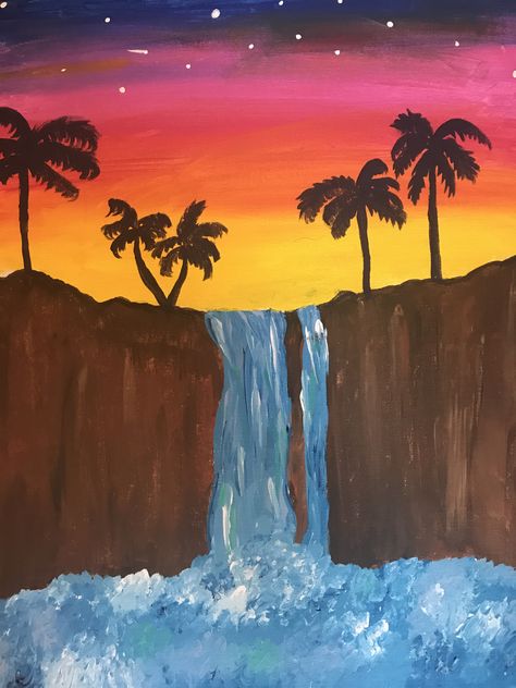 Sunset waterfall painting on canvas. Sunset Waterfall Drawing, Ocean Drawings, Sunset Waterfall, Waterfall Drawing, Waterfall Painting, Ocean Drawing, Restaurant Advertising, Natural Form Art, Disney Drawings Sketches