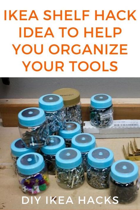 This Ikea shelf hack will show you how you can organize your tools. This storage idea can be used in your kitchen or craft room as well and you can use them on all of your Ikea shelves. #ikeadiy #organizationdiy #storagediy #ikeahack Screws Organization Ideas, Tool Organization Ideas, Ikea Shelf Hack, Nut And Bolt Storage, Garage Organization Shelves, Wooden Kitchen Signs, Ikea Shelf, Kids Shelves, Storage Idea