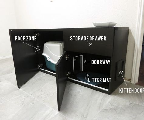 This project was all about hiding poop. Cat poop. And litter and stuff. The scourge of the clean freak cat owner.Being in an apartment when we built this meant we had no good place to hide Mochi’s litter box. Our laundry room/pantry only had a couple square feet of floor space, and shoving it into the corner of our only bathroom where guests would see it was not ideal either. Especially because Mochi, bless her little crazy heart, spazzes out after each time she goes potty and ... Diy Jouet Pour Chat, Ikea Hacks For Cats, Ikea Besta Cabinet, Couples Bathroom, Diy Litter Box, Katt Diy, Apartment Decorating For Couples, Hidden Litter Boxes, Besta Ikea