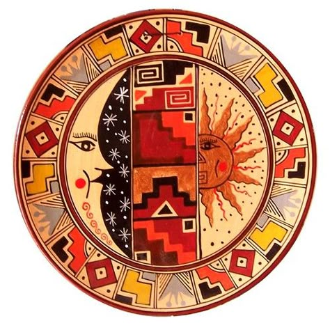 Handpainted Cusco Decorative plate. The geometric designs imitate those found in Incan ceremonial. Handmade and painted in numerous motifs (birds, waves, felines, geometric patterns) Peruvian Art, Sun And Moon, Geometric Designs, Peru, Design Art, Moon, Sun, Design, Art