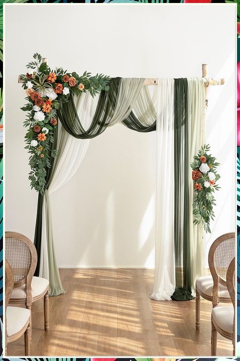 Discover breathtaking wedding arch ideas that will elevate your ceremony decor to new heights. From rustic wooden structures to elegant floral arrangements, our curated collection showcases stunning designs that will transform your special day. Whether you prefer a boho vibe or a classic look, these wedding arch inspirations will create a memorable backdrop for your vows. Explore our ideas and make your wedding ceremony truly unforgettable. Olive Green Wedding Arch, Olive Green Backdrop, Flower Arch Decor, Table Flower Decor, Wedding Drapes, Lantern Flowers, Sweetheart Table Flowers, Bougainvillea Wedding, Flower Swag