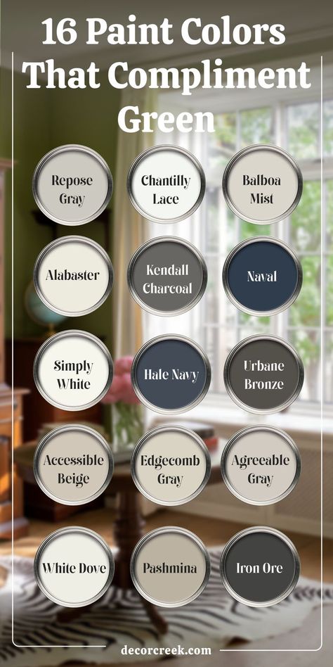 This image features the title "16 Paint Colors That Compliment Green" with 16 labeled paint swatches arranged in a grid. The colors shown are:

Repose Gray (soft gray)
Chantilly Lace (bright white)
Balboa Mist (neutral greige)
Alabaster (warm white)
Kendall Charcoal (dark gray)
Naval (deep navy blue)
Simply White (crisp white)
Hale Navy (rich navy blue)
Urbane Bronze (dark bronze-brown)
Accessible Beige (light beige)
Edgecomb Gray (warm light gray)
Agreeable Gray
White Dove
Pashmina 
Iron Ore Complimentary Paint Colors, Colors That Compliment Green, Urbane Bronze, Paint Inspo, Accessible Beige, Hale Navy, Green Paint Colors, White Dove, Hex Codes