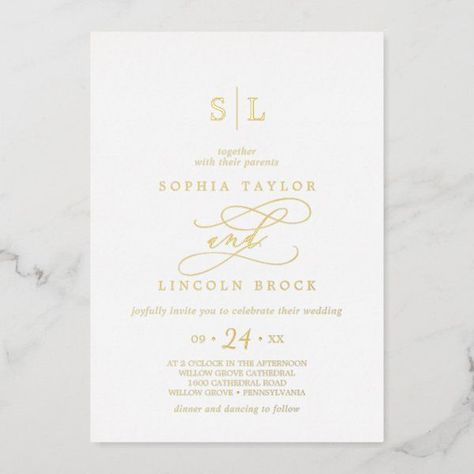 Romantic Gold Foil Calligraphy Monogram Wedding Foil Invitation Calligraphy Monogram, Gold Foil Wedding Invitations, Gold Foil Invitation, Fancy Hands, Monogram Wedding Invitations, Gold Foil Wedding, Wedding Initials, Wedding Anniversary Invitations, Calligraphy Wedding Invitation