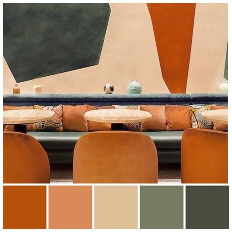 Pierre Hermé and L’Occitane’s sensory experiment in Paris, 2018. Interior designer Laura Gonzalez utilised a soft colour palette inspired by Cezanne’s paintings. Tertiary colour variations between secondary colours orange and green are often referred to as the ‘Forest’ palette because of hue similarities with the colours of nature and forest landscapes. Colour palette by Zena O’Connor, 2018. Laura Gonzalez, Ava Marie, Tertiary Color, Orange Color Palettes, Soft Colour, Garden Cafe, Color Palette Design, Orange And Green, Colorful Landscape