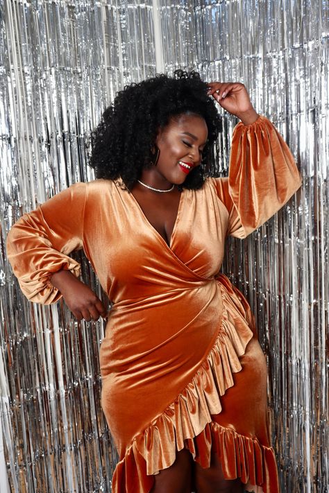 Mila Velvet Wrap Dress — Christian Omeshun Plus Size Ball Dresses, Plus Size Winter Dresses, Orange Long Sleeve Dress, Plus Zise, Velvet Wrap Dress, Curvy Model, Outfit Trends, Moda Plus Size, Plus Size Fashion For Women