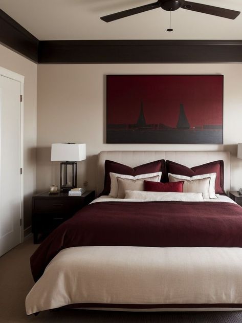 Create a stunning focal point in your bedroom by painting one wall a rich wine red color. Balance out the intensity with neutral bedding, plush throw pillows, and sleek black furniture for a sophisticated and inviting space. Red Accent Wall, Neutral Bedding, Wine Red Color, Bedroom Red, Black Furniture, Color Balance, Red Accents, Wine Red, Red Color