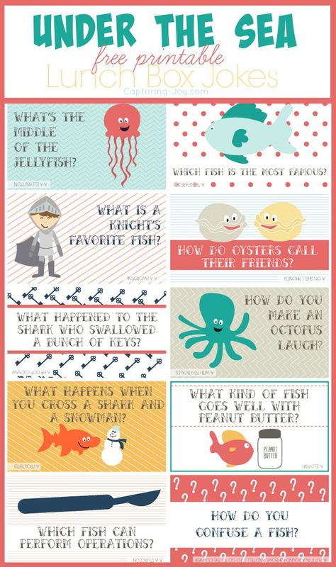 Surprise your kids with these Under the Sea free Printable Lunch box jokes! Print them now on Capturing-Joy.com Lunch Jokes, Kids Jokes, Lunchbox Jokes, Lunch Notes, Funny Jokes For Kids, Fun Lunch, Lunch Box Notes, Jokes And Riddles, Diy Spring