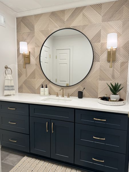 Wall Behind Bathroom Vanity, Wood Tile Wall, Tile Wall Bathroom, Wood Wall Tiles, Wholesale Cabinets, Shower Wall Tile, Willow House, Blue Vanity, Focal Wall