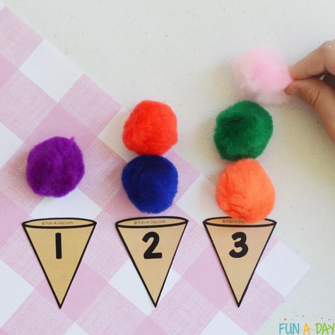 This ice cream math is perfect for your summer activities for preschoolers and kindergarten kids. Practice a variety of early math skills and fine motor skills with the fun summer math idea. Click on the Fun-A-Day.com link to get the free printable number cones. Ice Cream Activity, Ice Cream Math, Summer Activities For Preschoolers, Motor Skills Preschool, Preschool Fine Motor Skills, Summer Preschool Activities, Free Printable Numbers, Math Magic, Printable Lesson Plans