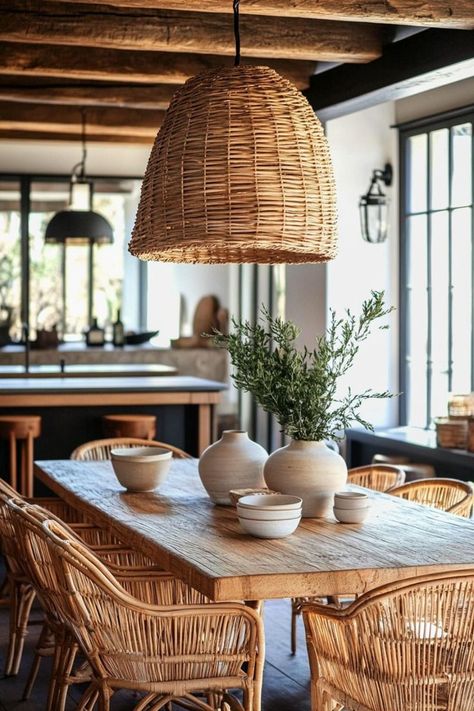 Ready to embrace a boho-inspired dining room? Layer textures and patterns with a wooden table and mix-and-match woven chairs for a laid-back feel. A wicker or macramé pendant light adds warmth and character to the space. Why not explore this inviting style for a dining room full of personality? Woven Chairs, Neutral Dining Room, Woven Chair, Dining Room Ideas, Add Personality, Wooden Table, Wooden Tables, Room Ideas, Pendant Light