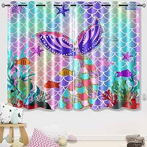 Mermaid Curtains, Kids Blackout Curtains, Girls Bedroom Curtains, Mermaid Tail Pattern, Life Underwater, Pink Girl Room, Kawaii Bedroom, Seashell Print, Study Decor