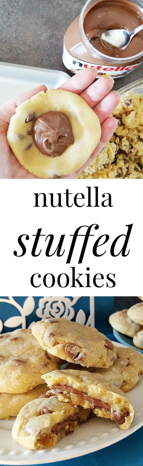 Rich and creamy Nutella meets up with a soft chocolate chip cookie to bring an explosion of chocolatey goodness in your mouth! These Nutella stuffed cookies are completely irresistible. More Soft Chocolate Chip Cookie, Nutella Stuffed Cookies, Stuffed Cookies, Nutella Desserts, Soft Chocolate Chip Cookies, Nutella Cookies, Italian Christmas, Nutella Recipes, Chip Cookie Recipe