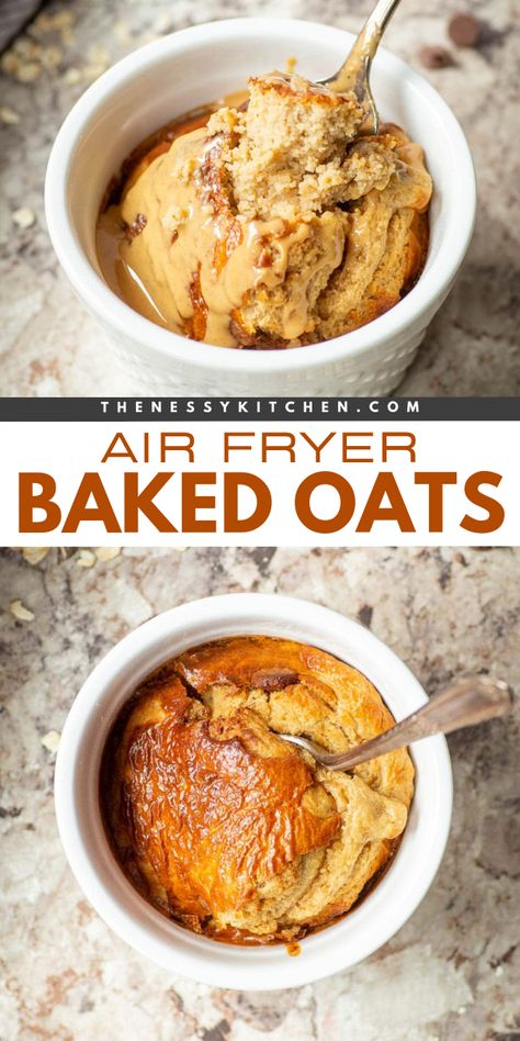 Your next Sunday brunch calls for these Air Fryer Baked Oats! This easy breakfast food is also great as an easy afternoon snack. Fluffy and cake-like with a slightly crispy top, this air fried oatmeal recipe is delicious! Variations included! Air Fryer Baked Oats, Airfryer Breakfast, Air Fryer Cake Recipes, Easy And Healthy Breakfast, Air Fryer Recipes Breakfast, Air Fryer Recipes Dessert, Dessert For Breakfast, Baked Oatmeal Recipes, Oat Cakes