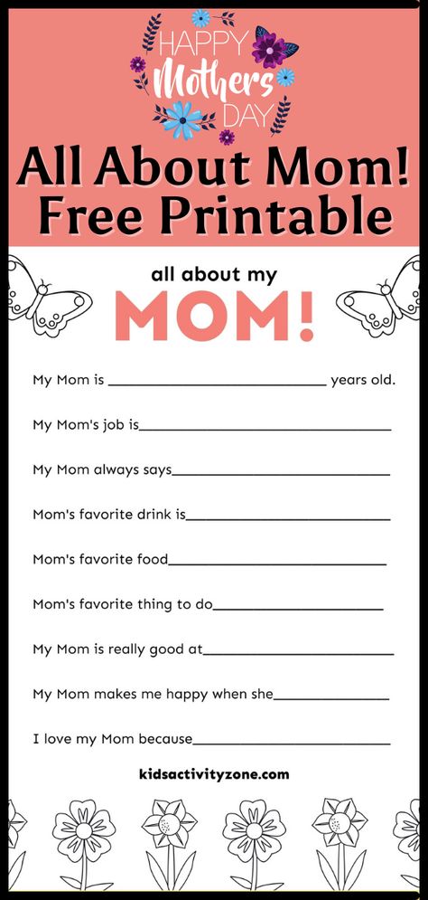 Grab this quick and easy All About Mom Printable that’s free! It’s the perfect thing to gift to Mom on Mother’s Day from the kids. It’s something she will treasure and keep forever. There’s nothing more precious than looking back on the sweet answers kids give to the questions they are asked about Mom! Mother Day Questions For Kids, Mother’s Day Kid Questions, Mother’s Day Questions For Kids, Mother’s Day Questions For Preschool, Mother’s Day Gifts Ideas From Toddlers, Mother’s Day Printable Questions, Mothers Day Questions For Preschoolers, Mother’s Day Questions, Free Mothers Day Printables