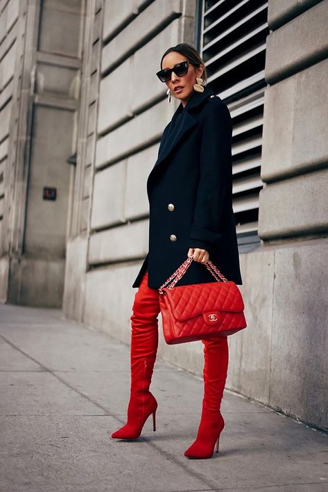 Red Thigh High Boots Outfit, Red Thigh High Boots, Red Boots Outfit, Boots Outfit Ideas, Thigh High Boots Outfit, Outfit Botas, High Boots Outfit, Boots Outfits, Casual Skirt Outfits