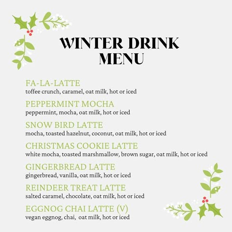 Winter Cafe Drinks, Christmas Espresso Drinks, Winter Coffee Drinks Recipes, Christmas Latte, Winter Coffee Drinks, Holiday Coffee Drinks, Homemade Recipe Books, Coffee Shop Menu, Coffee Trailer