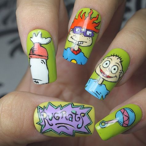 rugrats nails! #nails #nailart #nailartdesign #nailpolish #nailswag #nailstagram #nailartswag #nailjunkie #nailsoftheday #notd #nailartclub #nailartoohlala #naildesigns #nailartcontest #nailcontest #nailpolish #nailartjunkie #fashion #art #rugrats #tommy #chuckie #nickelodeon #90s #cartoon #90snick Rugrats Nails, Ninja Turtle Nails, Nail Contest, Turtle Nail Art, 90s Nails, Cartoon Nails, Butterfly Nail Designs, Nail Piercing, Nail Pictures