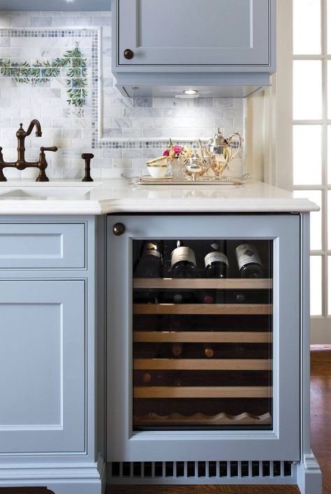 A built-in, temperature-controlled wine cooler is an investment that doesn't pay if you rarely drink wine. Architects Apartment, Wabi Sabi Apartment, Undercounter Wine Fridge, Antique Kitchen Island, Sergey Makhno, Wabi Sabi Decor, Pastel Interior, Farmhouse Kitchen Cabinets, Cottage Kitchens