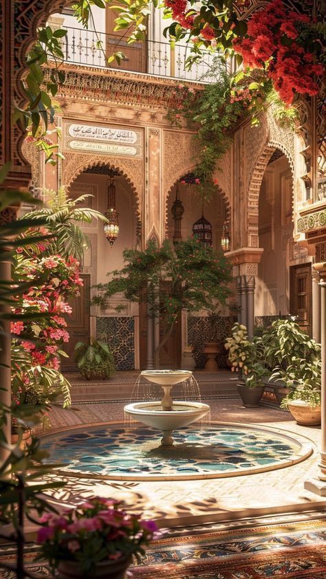 Gardens With Fountains, Middle Eastern Courtyard, Ethereal Building, House With Fountain, Celebrity Gardens, Modern Courtyard Design, Arabian Garden, Arabic Garden, Fountain Aesthetic