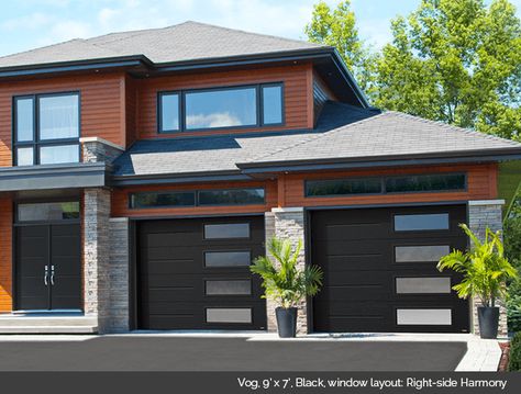 Garaga Garage Door - Vog, 9’ x 7’, Black, window layout: Right-side Harmony Contemporary Garage Doors, Garage Door Colors, Contemporary Garage, Black Garage, Modern Garage Doors, Garage Floor Paint, Garage Door Styles, Garage Door Makeover, Shelter Design