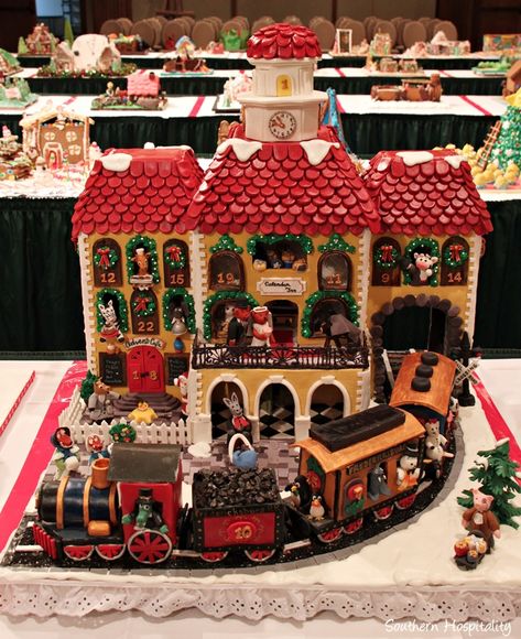 National Gingerbread House Competition, Grove Park Inn, Asheville, NC 2015; gingerbread house Train Station Gingerbread House, Gingerbread Train Station, Gingerbread Contest, Gingerbread Competition, Gingerbread House Competition, Gingerbread Creations, Gingerbread Train, Diy Gingerbread, House Cookies