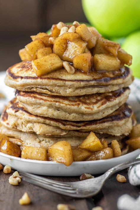 These apple ricotta pancakes add an Italian twist with ricotta cheese, but taste like fall with sautéed apples on top. Apple Ricotta Pancakes, Italian Pancakes, Apple Ricotta, Ricotta Pancakes Recipe, Sautéed Apples, Sauteed Apples, Air Fryer Cake Recipes, Christmas Pancakes, Kids Pancakes