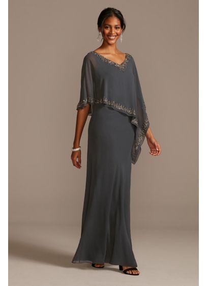 Beaded V-Neck Chiffon Capelet Sheath Dress 5296GR Bride Dress Elegant, Cape Wedding Dress, Flowy Fabric, Evening Dresses Cocktail, Fall Wedding Dresses, Cape Dress, Mother Of The Bride Dress, Groom Dress, Homecoming Dress