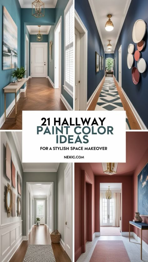 Embark on a stylish space makeover with these 21 hallway paint color ideas tailored for your corridors. Discover a palette of hues that infuse sophistication and charm into your pathways. From timeless neutrals to bold choices, find inspiration to rejuvenate your hallway with a touch of style. #HallwayDecor #PaintColorIdeas #HomeRefresh #InteriorDesign Corridor Color Ideas, Painted Ceiling Hallway Ideas, Farmhouse Hallway Colors, Entry Color Ideas, Hallways Color Ideas, Coloured Hallway Ideas, Landing Paint Colours, Narrow Hallway Color Ideas, Hallway Accent Wall Ideas Paint