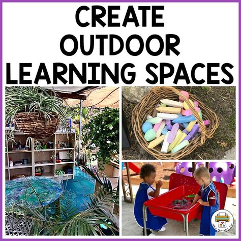 Are you looking to spend more time outside in your childcare program? Whether you you just want to update your outdoor space, or intentionally want to create your own outdoor classroom-there is nothing quite like spending your learning time outside! Check out the #prekprintablefun blog for more details! Outside Preschool Environment, Outdoor Program Early Childhood, Indoor Outdoor Classroom, Outdoor Pretend Play Ideas, Outdoor Centers For Preschool, Outdoor Learning Centers Preschool, Outdoor Education Space, Outdoor Preschool Classroom, Outdoor Classroom Design Learning Spaces