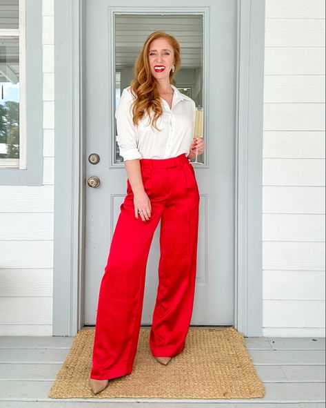 Red Satin Pants Outfit, Red Satin Pants, Silk Pants Outfit, Satin Pants Outfit, Red Pants Outfit, Wideleg Pants, Satin Pants, Holiday Party Outfit, Target Style