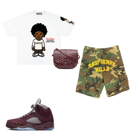 Jordan 5s, burgundy, Brent faiyaz toon tee, rasberry gills cargo shorts Burgundy Jordans, Jordan 5 Outfit, Jordan 5s, Green Jordans, Burgundy Outfit, Hype Clothing, Jordan Outfits, All White Outfit, Orange And Green