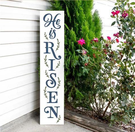 Stencil Porch, Farmhouse Stencils, Porch Stencil, Easter Porch, Porch Leaners, He Is Risen Easter, Vinyl Stencil, Front Porch Signs, Easter Basket Diy