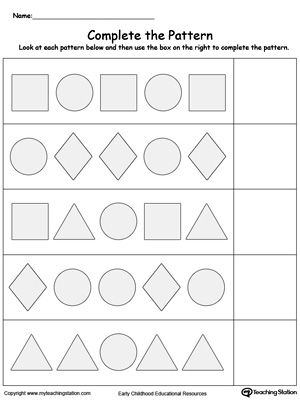 Complete The Shape Pattern: Your child will learn to recognize and complete patterns by identifying next picture, color, size and shape in this printable worksheet. Ab Pattern Worksheet, Pattern Worksheets For Kindergarten, Patterning Kindergarten, Preschool Patterns, Shapes Worksheet Kindergarten, Ab Patterns, Shapes Kindergarten, Math Patterns, Pattern Worksheet