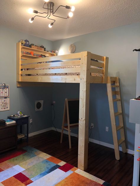 Twin loft bed attached to the wall. This customer wanted a bed attached to a wall in the corner. This is a twin size, with a plywood platform, angled end ladder and a double bookshelf headboard. We made the bed a little wider to allow the child to place stuffed animals on either side of the mattress. Loft Bed With Headboard, Loft Bed Attached To Wall, Diy Ladder For Loft Bed, Wall Loft Bed, Twin Size Bed Loft, Loft Bed Ideas Twin Size, Loft Twin Bed, Platform Loft Bed, Side By Side Loft Beds