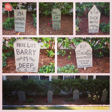 DIY gravestones for Halloween out of plywood and acrylic paint. Halloween Grave Stones Diy, Plywood Gravestones, Diy Gravestone Halloween, Diy Gravestones, Halloween Tombstone Sayings, Tombstone Sayings, Autumn Solstice, Halloween Gravestones, Halloween Decorations Diy