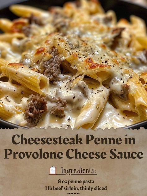 Cheesesteak Penne in Provolone Cheese Sauce
Savory Cheesesteak Penne in Creamy Provolone Sauce
Ingredients:

8 oz penne pasta
1 lb beef sirloin, thinly sliced
1 green bell pepper, thinly sliced
1 onion, thinly sliced
2 tablespoons olive oil
2 cloves garlic, minced
1 cup beef broth
1 cup heavy cream
1 cup shredded provolone cheese
Salt and pepper to taste
Directions:

Cook penne pasta according to package instructions. Drain and set aside.
In a large skillet, heat olive oil over medium-high heat. Provolone Cheese Sauce Recipes, Crenn Recipes, Provolone Cheese Sauce, Cheese Sauce Recipe, Fresh Salad Recipes, Green Bell Pepper, Dinners To Make, Beef Sirloin, Pasta Dinners