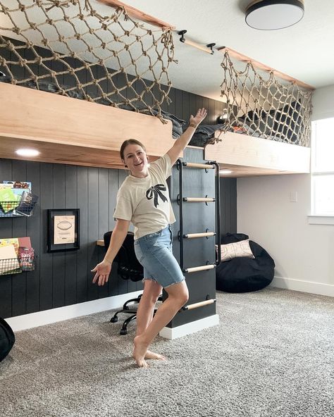 All the feels finishing up this loft bed 🥹 still have the other side of the room to do! Any ideas on what I will do?!! #loftbedroom #boysroomideas #boysroominspo Repurposed Bunk Bed Ideas, Boys Loft Beds, Diy Loft Bed, Toddler Bedroom Girl, Room Update, All The Feels, Toddler Bedrooms, Bedroom Loft, Boy's Bedroom