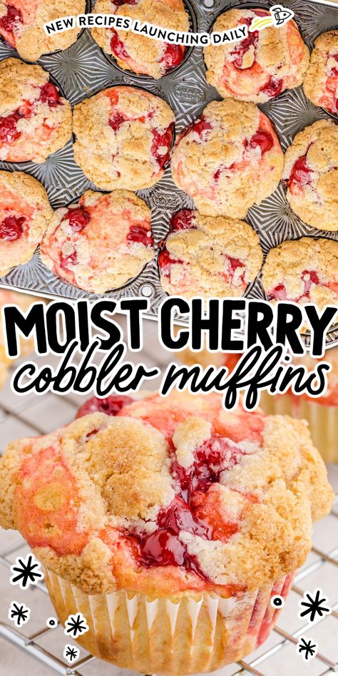 A close-up shot of a Cherry Cobbler Muffin on a cooling rack. Cherry Cobbler Cupcakes, Cherry Pie Filling Cupcakes, Cherry Pie Filling Muffins Recipes, Sour Cherry Muffin Recipes, Fruit Filled Muffins, Cherry Pie Muffins, Cherry Cobbler Muffins, Cherry Pie Filling Muffins, Cherry Muffins Recipes