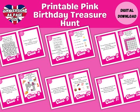 Create the birthday treasure hunt of dreams with these printable clues and instructions for how to set your indoor treasure hunt up! Barbie Scavenger Hunt, Birthday Treasure Hunt, Birthday Scavenger Hunt, Indoor Birthday, Scavenger Hunt Birthday, Barbie Kids, Birthday Letters, Pink Barbie, Barbie Birthday