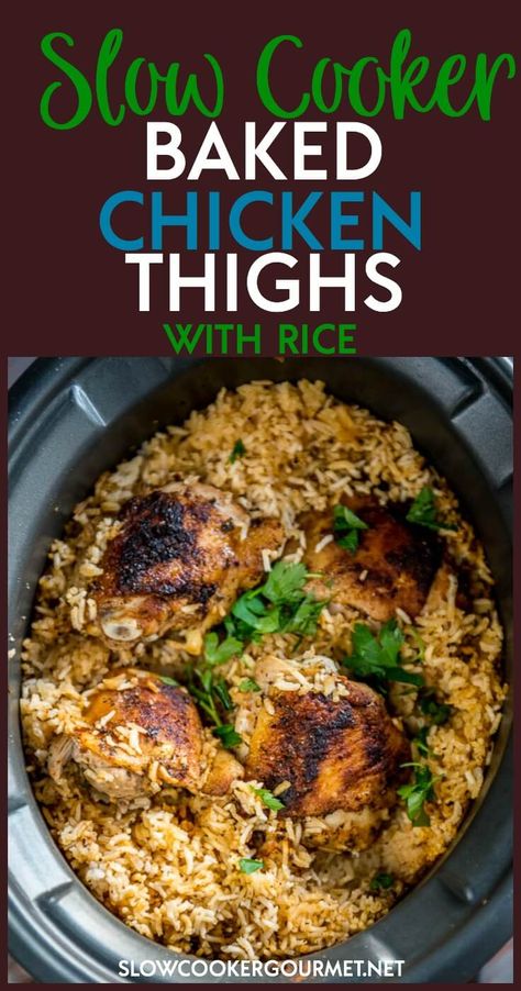 Chicken Thighs With Rice, Chicken Thighs Slow Cooker Recipes, Recipe For Chicken Thighs, Chicken Thigh Recipe, Crockpot Chicken Thighs, Crockpot Chicken Healthy, Slow Cooker Chicken Thighs, Slow Cooker Baking, Recipe For Chicken