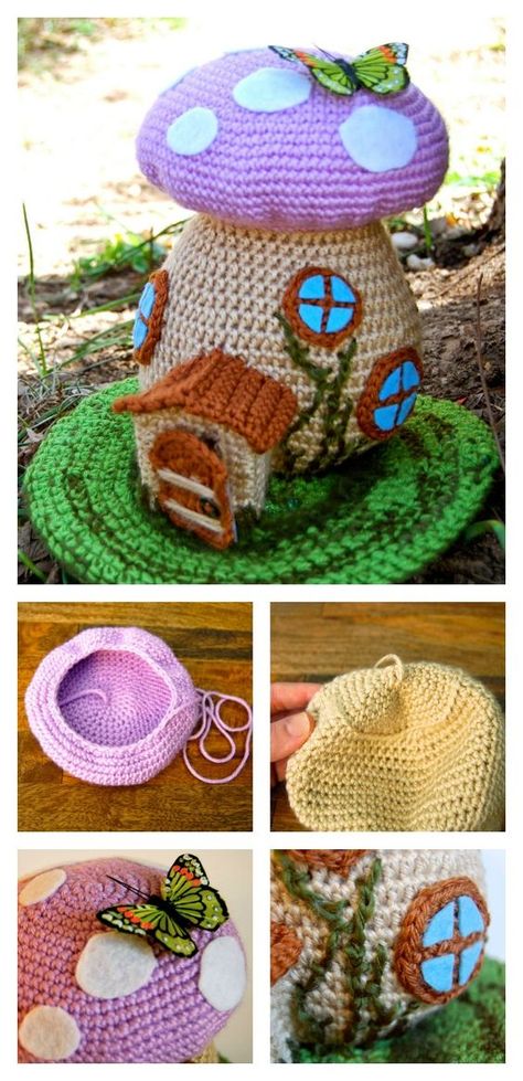 Crochet Adorable Fairy House Free Pattern Makeup Basket, Stitches Makeup, Fairies Garden, Crocheted Bags, Crochet Fairy, Bags Ideas, Crochet Mushroom, Mushroom House, Puff Stitch