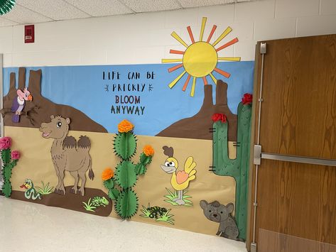 Desert Animal Bulletin Board, Ecosystem Classroom Transformation, Desert Theme Classroom Decorations, Desert Bulletin Board Ideas, Desert Theme Bulletin Boards, Habitat Bulletin Board Ideas, Desert Classroom Decor, Desert Theme Party Decorations, Cowboy Bulletin Board Ideas