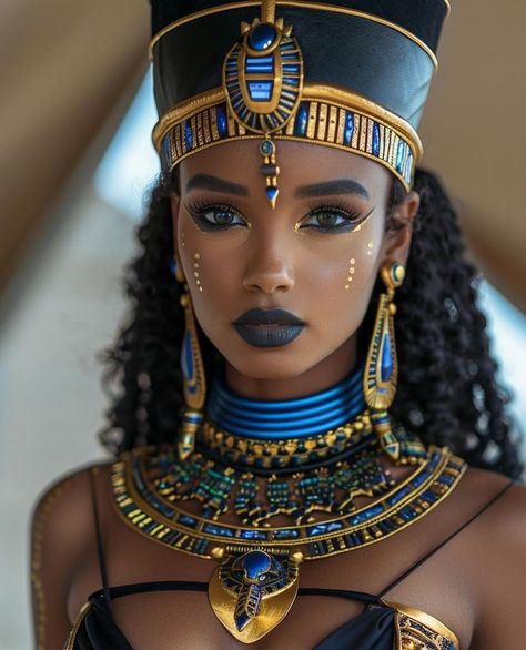 Egyptian Inspired Photoshoot, African Halloween Costumes, Afrofuturism Makeup, Black Egyptian Women, Nefertiti Makeup, Black Egyptian Queen, Ancient Egypt Makeup, Egypt Makeup, Egyptian Goddess Costume